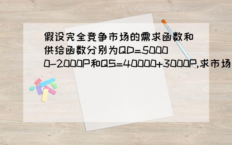 假设完全竞争市场的需求函数和供给函数分别为QD=50000-2000P和QS=40000+3000P,求市场均衡价格和均衡产量