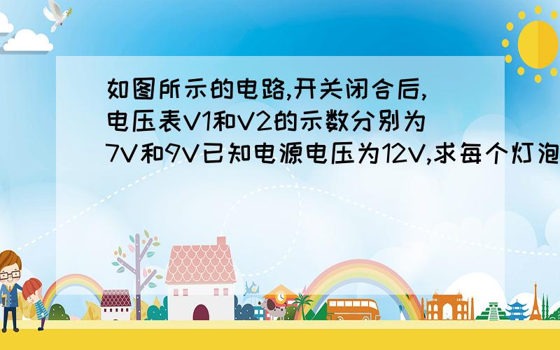 如图所示的电路,开关闭合后,电压表V1和V2的示数分别为7V和9V已知电源电压为12V,求每个灯泡两端的电压各是多少?