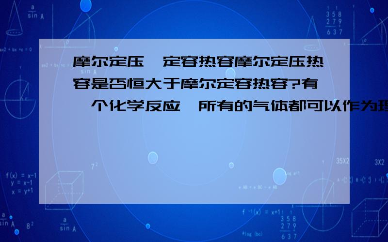 摩尔定压,定容热容摩尔定压热容是否恒大于摩尔定容热容?有一个化学反应,所有的气体都可以作为理想气体,若反应的摩尔定压热容差大于零,则摩尔定容热容差是否也大于零?