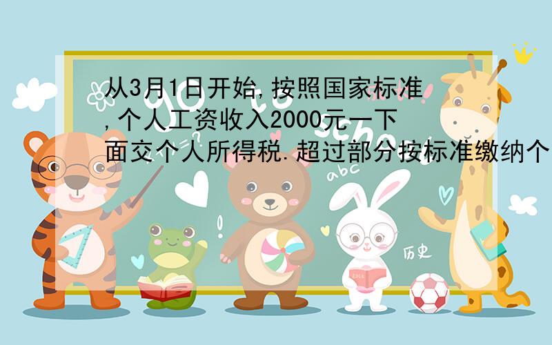 从3月1日开始,按照国家标准,个人工资收入2000元一下面交个人所得税.超过部分按标准缴纳个人所得税：不超过500元 5%超过部分为501-2000元 10%超过部分为2001-5000元 15%超过部分为5001-20000元 20%问