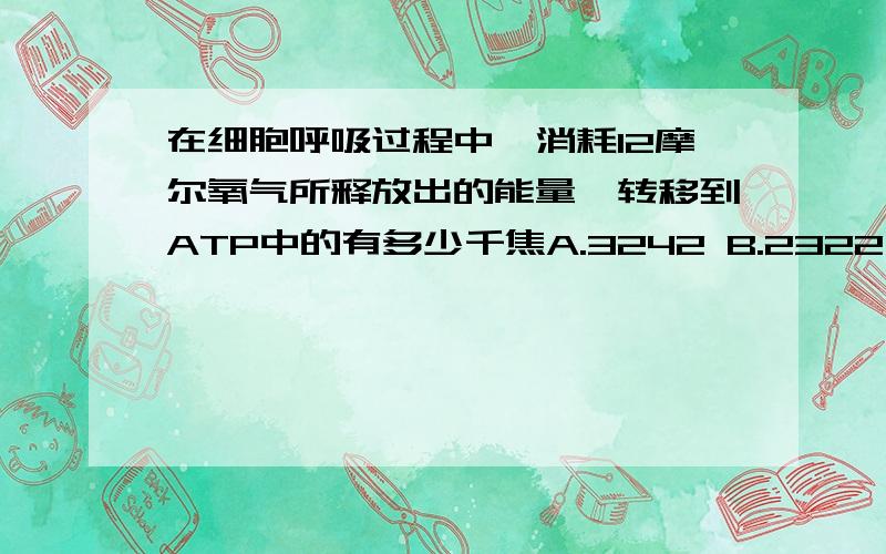 在细胞呼吸过程中,消耗12摩尔氧气所释放出的能量,转移到ATP中的有多少千焦A.3242 B.2322 C.3483 D.1952 为什么?