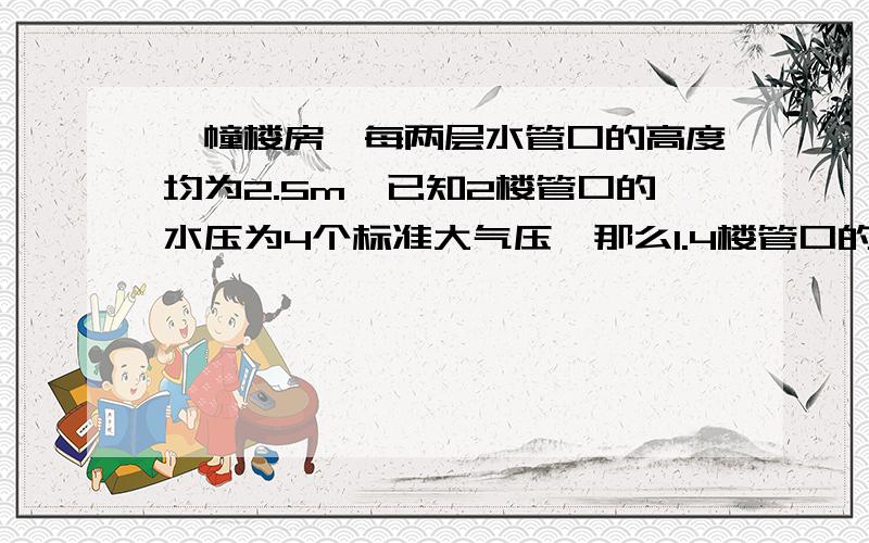 一幢楼房,每两层水管口的高度均为2.5m,已知2楼管口的水压为4个标准大气压,那么1.4楼管口的水压约为几个标准大气压?2.如果该楼最高层的水压为1.5个标准大气压,那么该楼共几层?需要过程,很