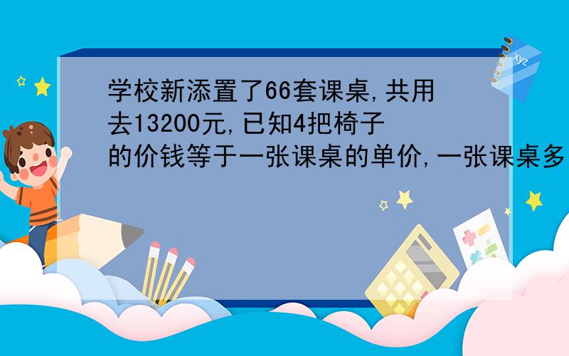 学校新添置了66套课桌,共用去13200元,已知4把椅子的价钱等于一张课桌的单价,一张课桌多少元?用方程解