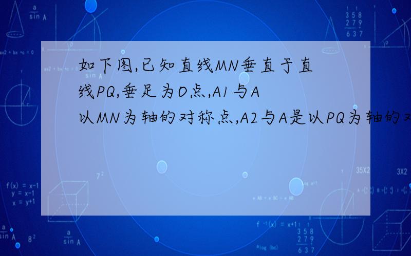 如下图,已知直线MN垂直于直线PQ,垂足为O点,A1与A以MN为轴的对称点,A2与A是以PQ为轴的对称点.求证：A2与A1关于O点成中心对称.