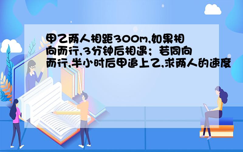 甲乙两人相距300m,如果相向而行,3分钟后相遇；若同向而行,半小时后甲追上乙,求两人的速度