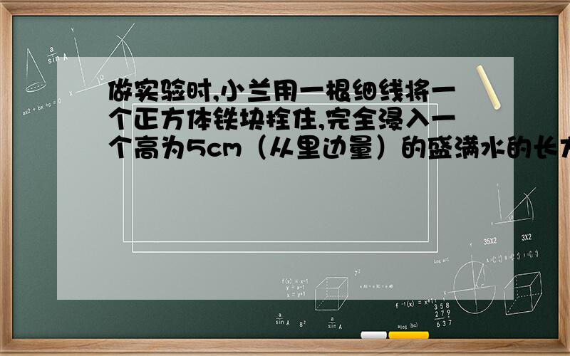 做实验时,小兰用一根细线将一个正方体铁块拴住,完全浸入一个高为5cm（从里边量）的盛满水的长方体水槽中,结果溢出的水有40cm3.小兰又将铁块从水槽中提起,量得水槽中的水位下降了0.8cm.请