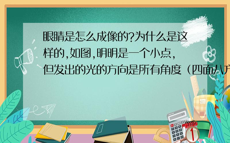 眼睛是怎么成像的?为什么是这样的,如图,明明是一个小点,但发出的光的方向是所有角度（四面八方）．眼睛接受的光应该布满了眼睛哦,可是为什么成的像还是个小点,如图,红色部分是眼睛接