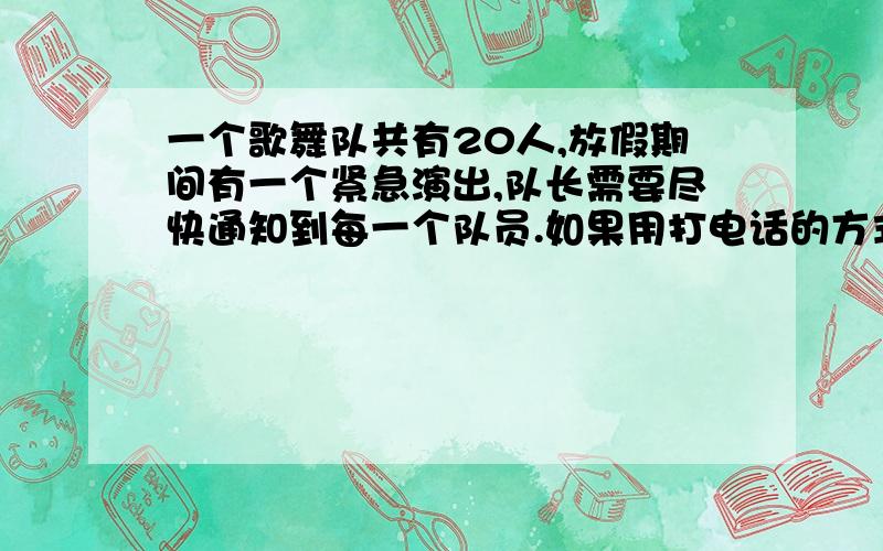 一个歌舞队共有20人,放假期间有一个紧急演出,队长需要尽快通知到每一个队员.如果用打电话的方式每分钟通知一人.（1）请你帮助队长设计一个打电话的方案.（2）还有更快的方法吗?另外我