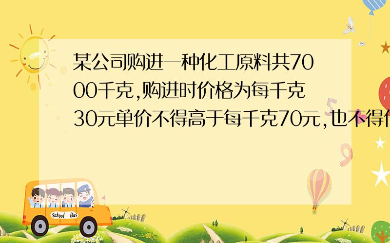 某公司购进一种化工原料共7000千克,购进时价格为每千克30元单价不得高于每千克70元,也不得低于每千克30元,市场调查发现,单价定为70元时,日均销售60千克;单价每降低1元,日均多售出2千克,在