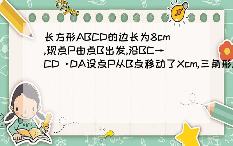 长方形ABCD的边长为8cm,现点P由点B出发,沿BC→CD→DA设点P从B点移动了Xcm,三角形ABP的面积为Ycm^.（1）点P在BC边上时,求Y与X的函数解析式,并写出定义域；（2）当点P在AD边上时,怎样表示Y?请写出X