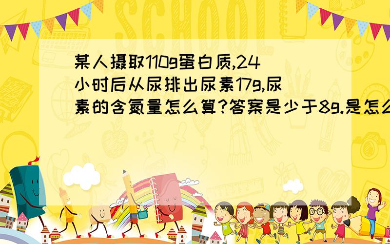 某人摄取110g蛋白质,24小时后从尿排出尿素17g,尿素的含氮量怎么算?答案是少于8g.是怎么算出来的.