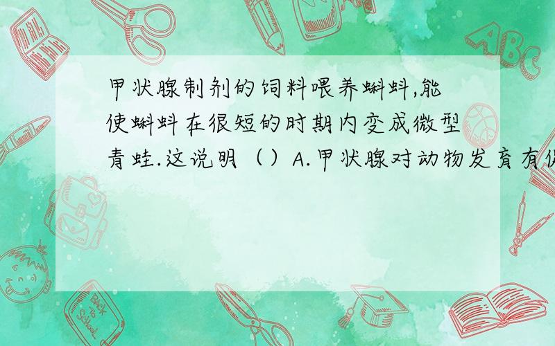 甲状腺制剂的饲料喂养蝌蚪,能使蝌蚪在很短的时期内变成微型青蛙.这说明（）A.甲状腺对动物发育有促进作用B.甲状腺激素对动物发育有促进作用C.甲状腺能抑制小动物长大D.甲状腺激素能抑