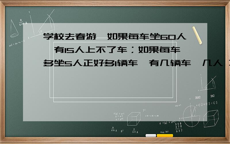 学校去春游,如果每车坐60人,有15人上不了车；如果每车多坐5人正好多1辆车,有几辆车,几人 不要用方乘法