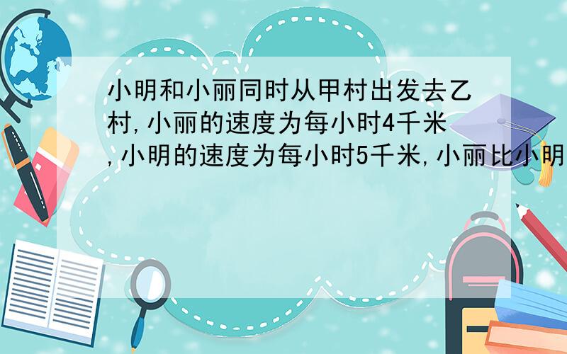 小明和小丽同时从甲村出发去乙村,小丽的速度为每小时4千米,小明的速度为每小时5千米,小丽比小明晚到15min,求甲、乙两村之间的路程