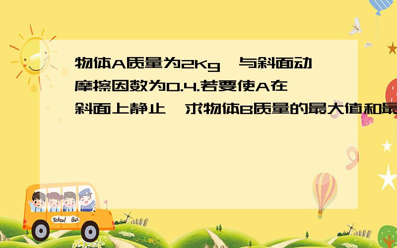 物体A质量为2Kg,与斜面动摩擦因数为0.4.若要使A在斜面上静止,求物体B质量的最大值和最小值物体A质量为2Kg,与斜面动摩擦因数为0.4.若要使A在斜面上静止,求物体B质量的最大值和最小值分别是