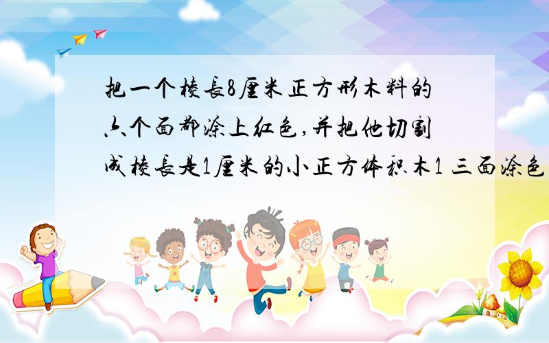 把一个棱长8厘米正方形木料的六个面都涂上红色,并把他切割成棱长是1厘米的小正方体积木1 三面涂色的小正方体积木有 块 2 两面涂色的小正方体积木有 块 3一面涂色的小正方体积木有 块 4