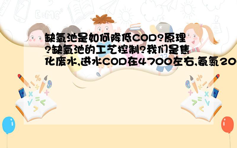 缺氧池是如何降低COD?原理?缺氧池的工艺控制?我们是焦化废水,进水COD在4700左右,氨氮200左右我们是AA/O工艺,厌氧池和缺氧池基本没有什么作用,启动不起来,..最好有厌氧池 缺氧池的控制工艺参