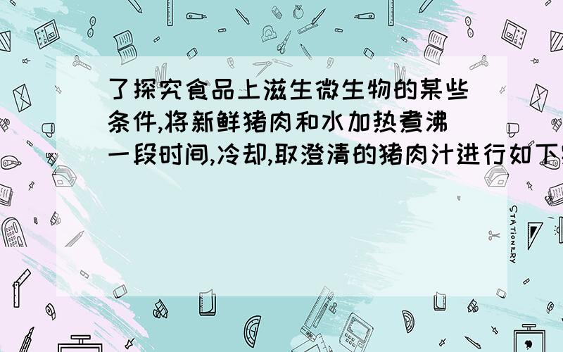 了探究食品上滋生微生物的某些条件,将新鲜猪肉和水加热煮沸一段时间,冷却,取澄清的猪肉汁进行如下实验：步骤一：将等量的猪肉汁分别加入标有A、B、C的三只锥形瓶中.静置1小时,然后用