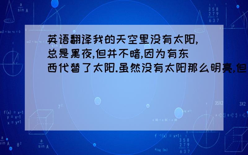 英语翻译我的天空里没有太阳,总是黑夜,但并不暗,因为有东西代替了太阳.虽然没有太阳那么明亮,但对我来说已经足够.凭借着这份光,我便能把黑夜当成白天.我从来就没有太阳,所以不怕失去.