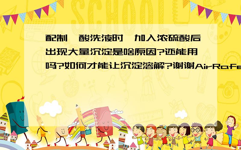 配制铬酸洗液时,加入浓硫酸后出现大量沉淀是啥原因?还能用吗?如何才能让沉淀溶解?谢谢AirRafer的提醒,我想请教一下：还有比铬酸洗液更好用、更环保的东东吗?用一次性的消耗品难道更环