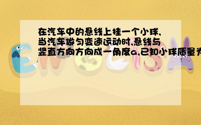 在汽车中的悬线上挂一个小球,当汽车做匀变速运动时,悬线与竖直方向方向成一角度a,已知小球质量为m(1)求汽在汽车中的悬线上挂一个小球,当汽车做匀变速运动时,悬线与竖直方向方向成一角