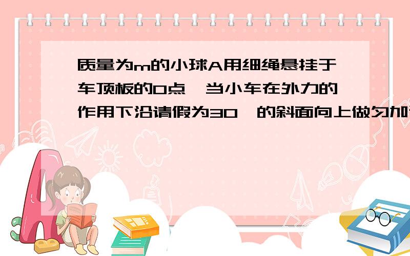 质量为m的小球A用细绳悬挂于车顶板的O点,当小车在外力的作用下沿请假为30°的斜面向上做匀加速直线运动时,球阿的选线恰好与竖直方向呈30°夹角.求；（1）小车沿斜面向上运动的加速度多