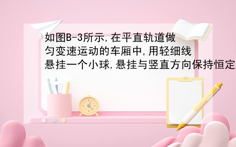 如图B-3所示,在平直轨道做匀变速运动的车厢中,用轻细线悬挂一个小球,悬挂与竖直方向保持恒定的夹角θ,则