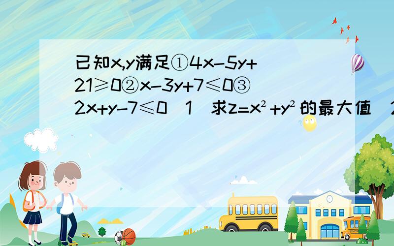 已知x,y满足①4x-5y+21≥0②x-3y+7≤0③2x+y-7≤0(1)求z=x²+y²的最大值（2）求z=y/x的取值范围如果嫌烦就告诉我z=x²+y²,z=y/x的大概思路吧