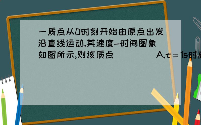 一质点从0时刻开始由原点出发沿直线运动,其速度-时间图象如图所示,则该质点（　　） A.t＝1s时离原点最远 B.t＝2s时离原点最远　　C.t＝3s时回到原点D.t＝4s时回到原点,路程为10m