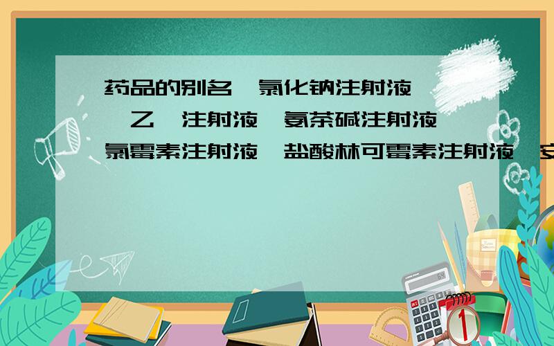 药品的别名,氯化钠注射液,酚磺乙胺注射液,氨茶碱注射液,氯霉素注射液,盐酸林可霉素注射液,安乃近注射液,马来酸氯苯那敏注射液,