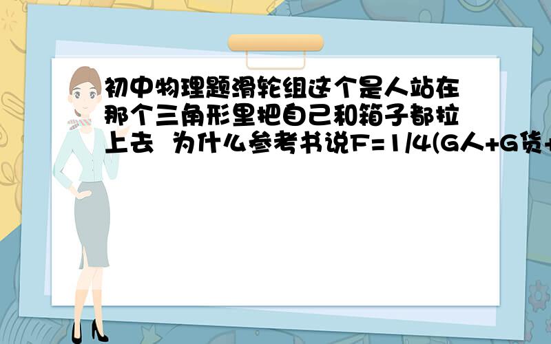 初中物理题滑轮组这个是人站在那个三角形里把自己和箱子都拉上去  为什么参考书说F=1/4(G人+G货+G轮+G板(←就是那个三角形)  而不是1/3