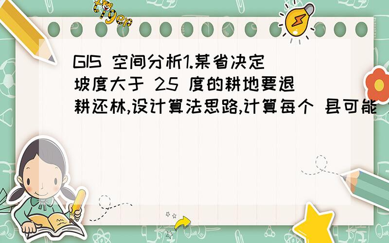 GIS 空间分析1.某省决定坡度大于 25 度的耕地要退耕还林,设计算法思路,计算每个 县可能 退耕还林的面积以及新增林地面积.2.为什么叠加仍是现代商业 GIS 中最强大的操作?3.在用 GIS 进行洪水