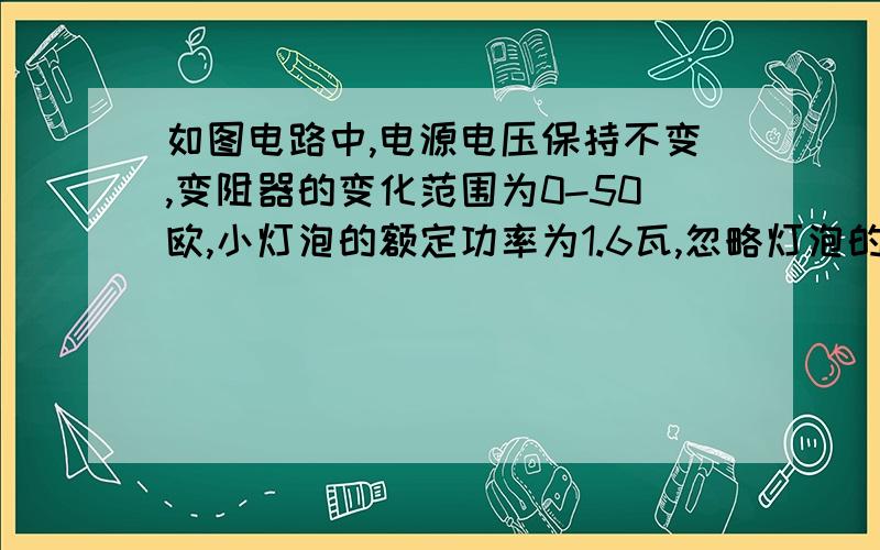 如图电路中,电源电压保持不变,变阻器的变化范围为0-50欧,小灯泡的额定功率为1.6瓦,忽略灯泡的电阻随温度的变化.调节变阻器滑片到a位置时,小灯泡正常发光,电压表示数为2伏.移动变阻器滑