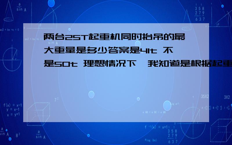 两台25T起重机同时抬吊的最大重量是多少答案是41t 不是50t 理想情况下,我知道是根据起重特性曲线得出的 或者有谁能给我详细的起重特性曲线图