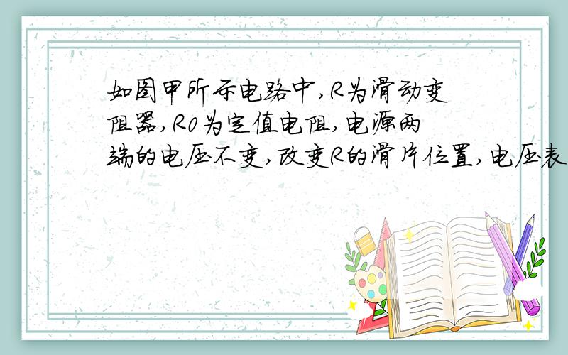 如图甲所示电路中,R为滑动变阻器,R0为定值电阻,电源两端的电压不变,改变R的滑片位置,电压表示数虽电流变化的图线画在图乙的坐标系中,求R0的阻值和电源电压.