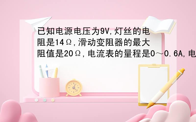 已知电源电压为9V,灯丝的电阻是14Ω,滑动变阻器的最大阻值是20Ω,电流表的量程是0～0.6A,电压表的量程是0～3V,滑片移动过程中,为了保证两只电表不能烧坏,则变阻器的取值范围是多少?这是个