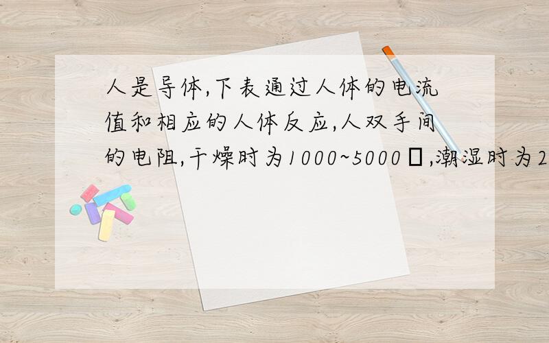 人是导体,下表通过人体的电流值和相应的人体反应,人双手间的电阻,干燥时为1000~5000Ω,潮湿时为200~800Ω.参考以上数据,应用欧姆定律进行计算,向大家说明：为什么不要用湿手触摸电器.用计算