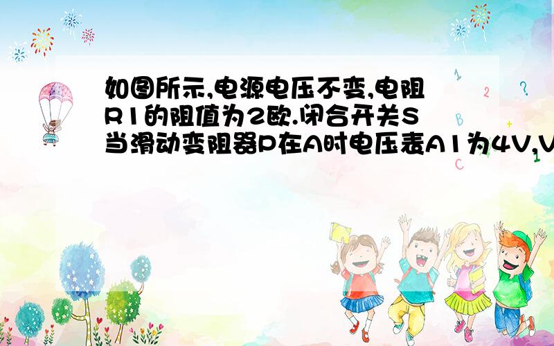 如图所示,电源电压不变,电阻R1的阻值为2欧.闭合开关S当滑动变阻器P在A时电压表A1为4V,V2为10V看问题补这是电路图 当滑动变阻器滑片移到B点时,电压表V1的示数为8V,电压表V2的示数为11V,则电阻R