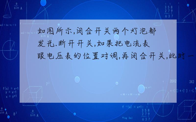 如图所示,闭合开关两个灯泡都发光.断开开关,如果把电流表跟电压表的位置对调,再闭合开关,此时一定会发生的现象是A.电源短路 B.电流表损坏 C.L1不亮、L2亮 D.电压表的示数比两灯都发光时