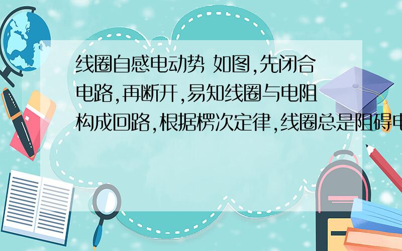 线圈自感电动势 如图,先闭合电路,再断开,易知线圈与电阻构成回路,根据楞次定律,线圈总是阻碍电流变化,即断路后,线圈上电流从原电流 I 开始减弱,是不是不管R为多大,回路中电流总恒为 I