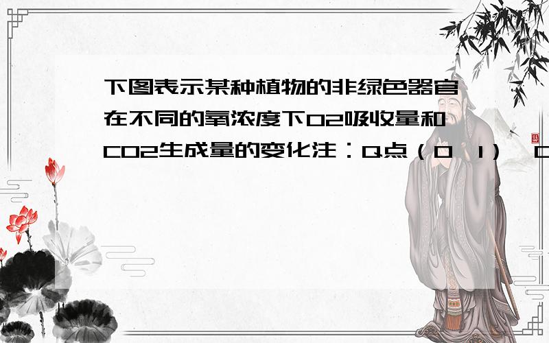 下图表示某种植物的非绿色器官在不同的氧浓度下O2吸收量和CO2生成量的变化注：Q点（0,1）,CO2释放量最低点为R点,请回答1.图中曲线QR区段CO2生成量急剧减少的主要原因是（ ）2.（ ）点的生