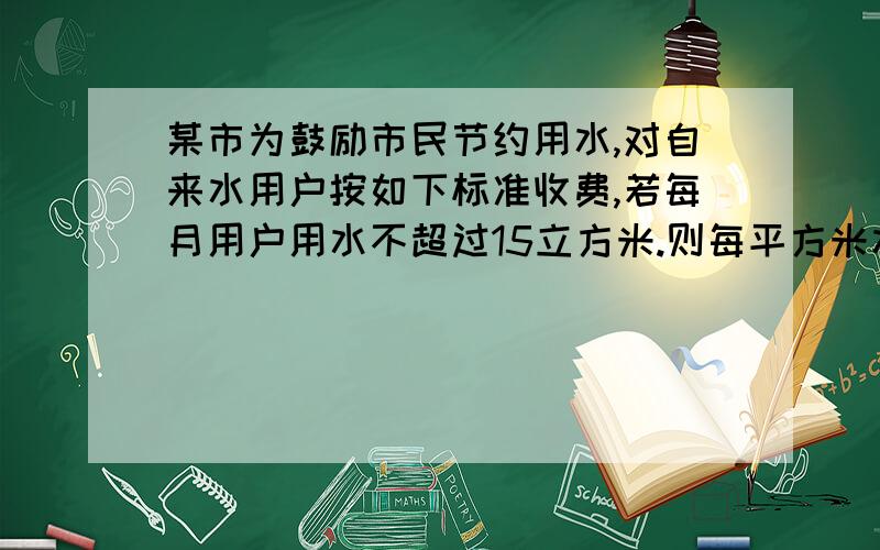 某市为鼓励市民节约用水,对自来水用户按如下标准收费,若每月用户用水不超过15立方米.则每平方米水价按a元收取,若超过15立方米,则超过的部分每立方米按2a元收费.该户居民在10月份用水10