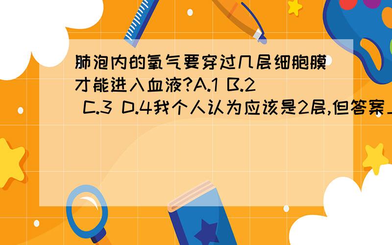 肺泡内的氧气要穿过几层细胞膜才能进入血液?A.1 B.2 C.3 D.4我个人认为应该是2层,但答案上写的是4层,毛细血管壁为什么是两层？