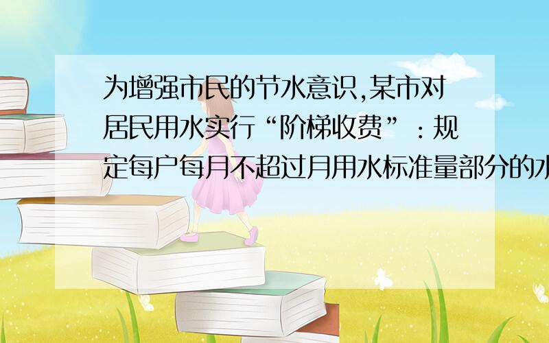 为增强市民的节水意识,某市对居民用水实行“阶梯收费”：规定每户每月不超过月用水标准量部分的水价为1.5/吨,超过月用水标准量部分的水价为 2.5/吨.该市小明家5月份用水12吨,交水费20元.