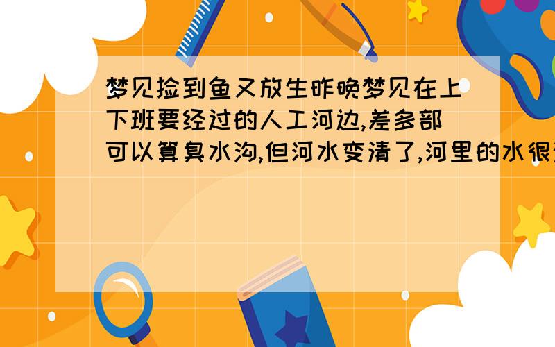 梦见捡到鱼又放生昨晚梦见在上下班要经过的人工河边,差多部可以算臭水沟,但河水变清了,河里的水很浅,很多鱼,鱼在里面很困难的游者,先是有一条从正面看身体长得比较圆,但鱼鳞残缺不全