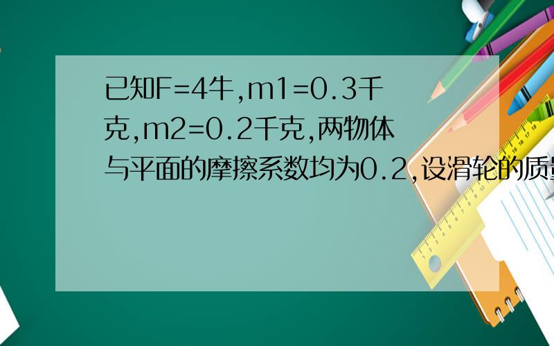 已知F=4牛,m1=0.3千克,m2=0.2千克,两物体与平面的摩擦系数均为0.2,设滑轮的质量与绳间的摩擦力均不计算.试问质量为m2的物体的加速度以及绳对它的拉力.