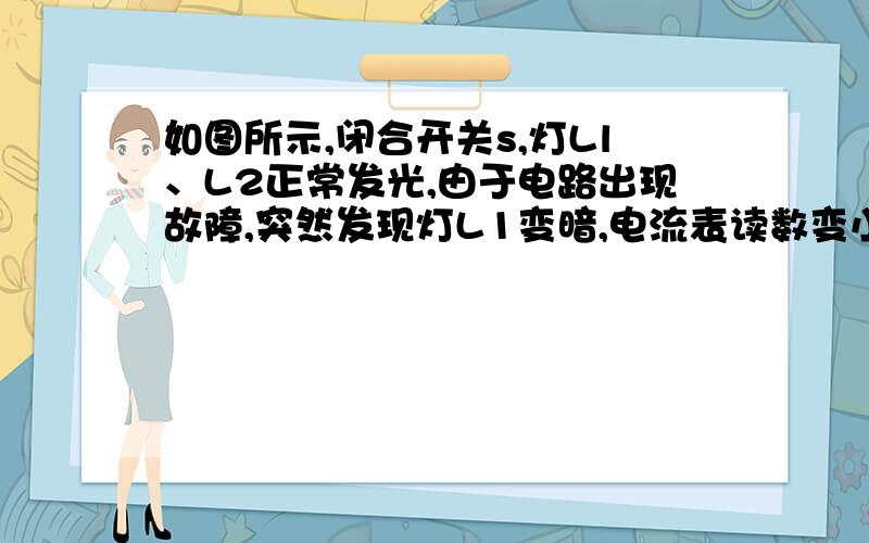 如图所示,闭合开关s,灯Ll、L2正常发光,由于电路出现故障,突然发现灯L1变暗,电流表读数变小,则故障可能是   A．R1断路    B．R2断路  C．R3短路    D．R4短路可以帮我简化一下电路吗  希望有图