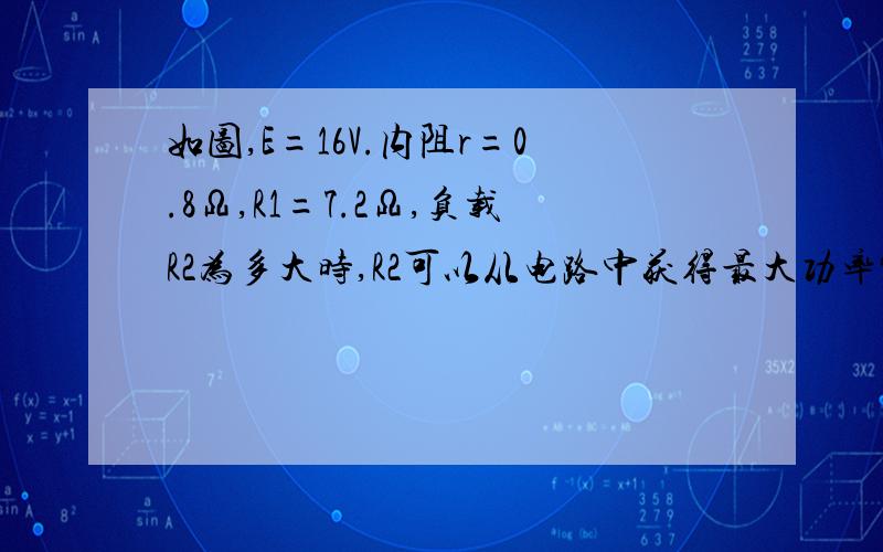 如图,E=16V.内阻r=0.8Ω,R1=7.2Ω,负载R2为多大时,R2可以从电路中获得最大功率?最大功率是多少?