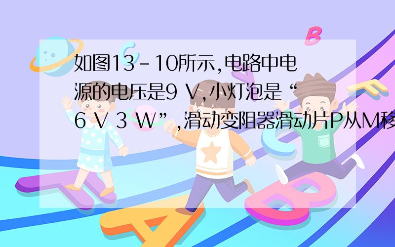 如图13-10所示,电路中电源的电压是9 V,小灯泡是“6 V 3 W”,滑动变阻器滑动片P从M移到N时,连入电路的如图13-10所示，电路中电源的电压是9 V，小灯泡是“6 V 3 W”，滑动变阻器滑动片P从M移到N时