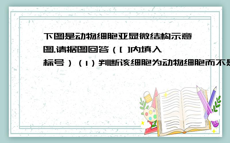 下图是动物细胞亚显微结构示意图.请据图回答（[ ]内填入标号）（1）判断该细胞为动物细胞而不是植物细胞的理由是因为有[\x05\x05]\x05\x05,而没有\x05\x05\x05\x05\x05\x05.（至少答两点）（2）具